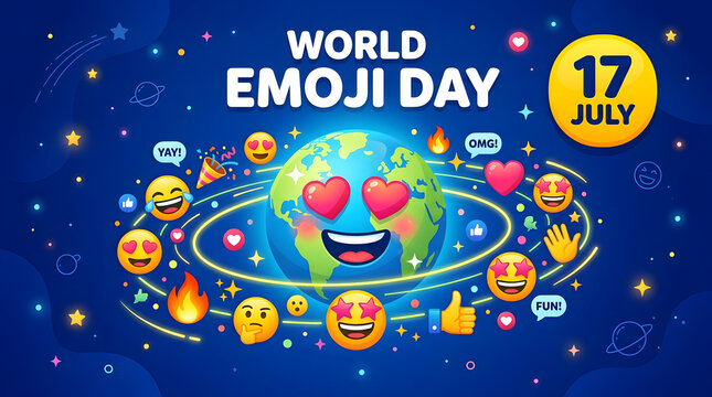 World emoji day planet earth with love eyes and floating icons celebration communication universe
