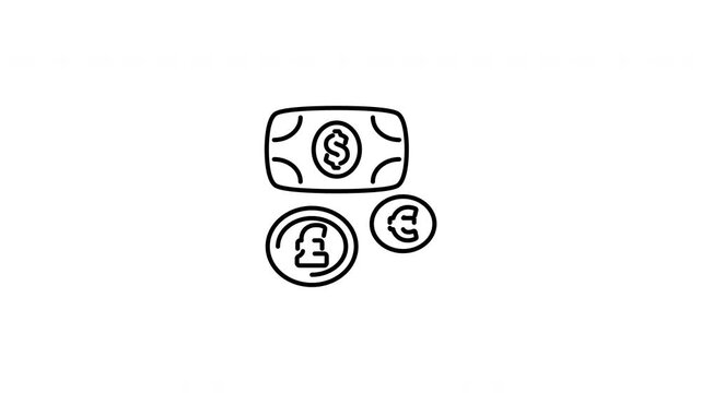 Minimalist outline animation of international currency exchange coins global money transaction icon drawing on and fading out. Features a clean pop up style in 3 color setups.
