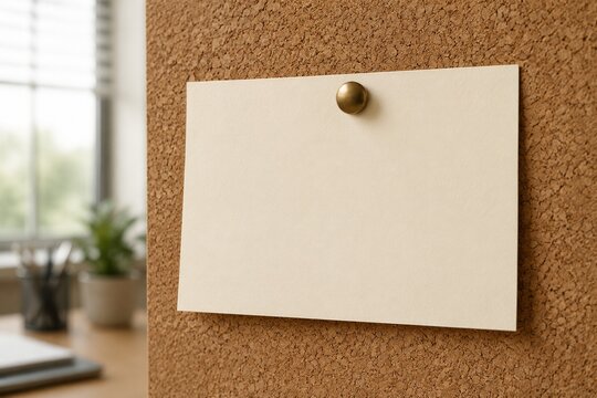 Blank cream notecard pinned to corkboard with brass tack, illuminated by soft diffused office light.