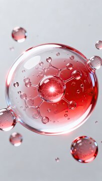 Red Transparent Serum Molecule Bubble Close-up, Skincare Anti-Aging and Revitalizing Tech Concept, Cosmetic Ingredient Visualization, Revitalizing Beauty Background