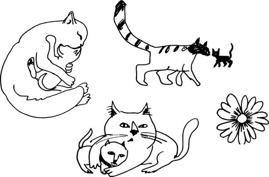 Set of hand-drawn cats with kittens. Black and white vector sketch of a mother cat caring for her babies isolated on white