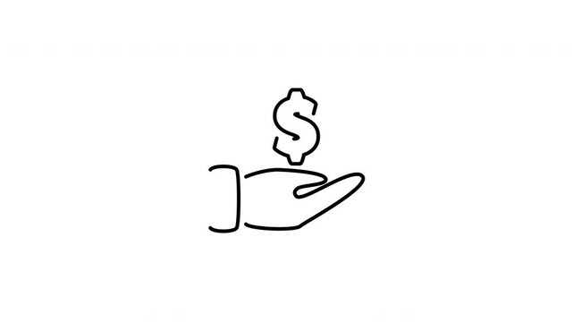 Minimalist outline animation of hand holding dollar coin cash financial payment salary icon drawing on and fading out. Features a clean pop up style in 3 color setups.