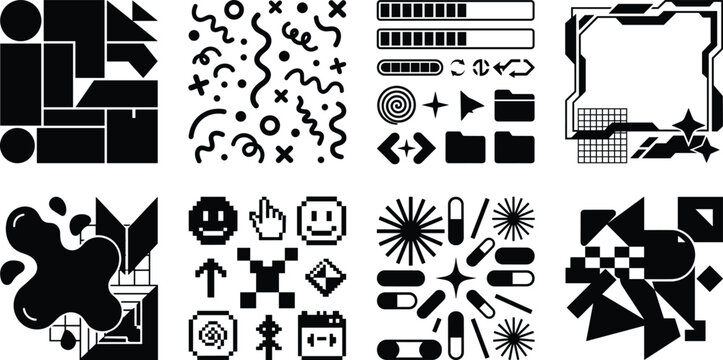 Abstract geometric science and technology vector icons set featuring atomic structures, star compass, vortex, network diagrams, and cosmic patterns