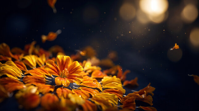 Vibrant marigold flowers and floating petals arranged for Onam festival, set against a dark background with golden bokeh particles.