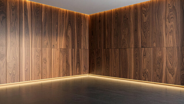 Luxury empty corner room with elegant wooden wall panels and illuminated led strip