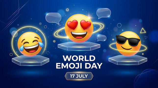 World emoji day banner featuring floating 3D emojis on futuristic blue glowing podium background