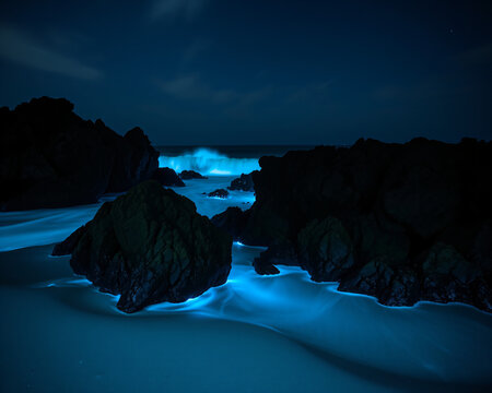 C&ocirc;te rocheuse sauvage illumin&eacute;e par des vagues bioluminescentes d'un bleu turquoise intense la nuit, ph&eacute;nom&egrave;ne naturel rare et envo&ucirc;tant sous un ciel &eacute;toil&eacute; d'une beaut&eacute; mystique