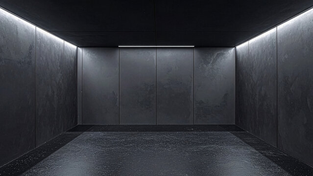 Futuristic dark empty room with concrete walls and subtle edge lighting