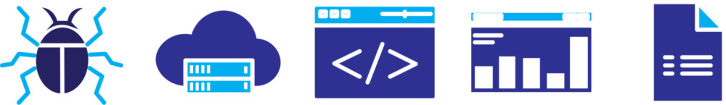 DevOps icon set. Containing cloud server, code window, dashboard, bug icon, gear cog, server stack, rocket launch, file document