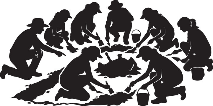 Archaeologist silhouette group working on excavation site, team of scientists digging for fossils and artifacts, archaeological research vector illustration