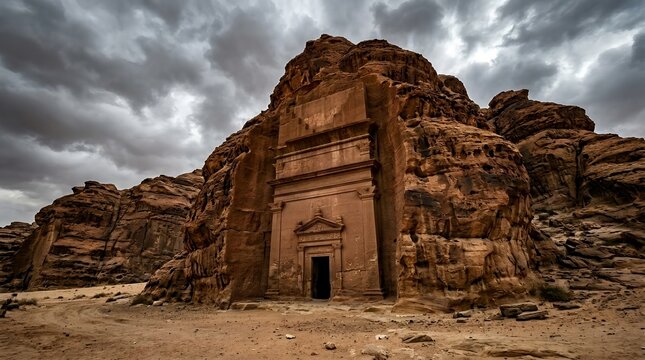 Nabataean Tombs Carved into Rock at Hegra, Al-Ula, Saudi Arabia under Cloudy Sky