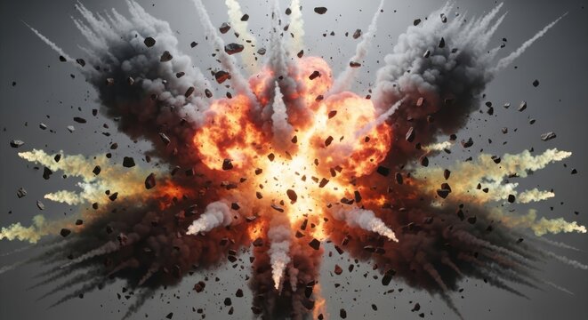 A massive explosion occurs with fire and smoke bursting outward rapidly