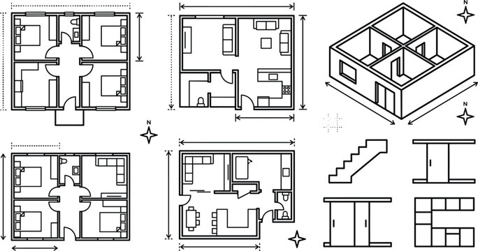 House Architectural Blueprint Floor Plan Vector Icon Set with Isometric Building Layout Symbols