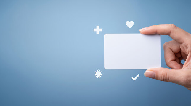 Hand Holding Blank White Medical Card, Healthcare ID, Insurance, Patient Information, Digital Health Verification and Pharmacy Service Concept