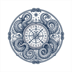 Intricate nautical illustration featuring a vintage compass surrounded by octopus tentacles, rope border, anchors, waves, and marine details. Blackwork tattoo-style vector isolated background © Anlust