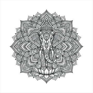 Highly detailed elephant mandala with lotus flowers, sacred geometry, Om symbol, and intricate ornamental patterns in elegant blackwork line art. Spiritual vector illustration isolated