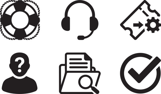 Customer Support and Helpdesk Ticket Icon Set. Support Headset, Lifebuoy Rescue, Document Search, and Checkmark Glyphs.