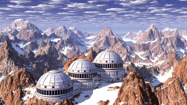 base on a distant moon, advanced structures, rugged terrain and dramatic planetary horizon