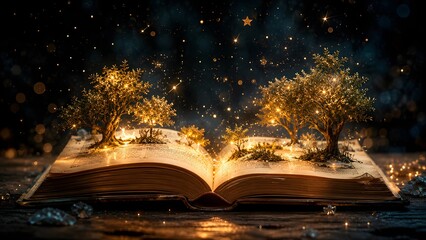 Fototapeta premium Magical scene of glowing trees growing out of an open book in a dark mystical environment with sparkling stars and lights floating around teachers day