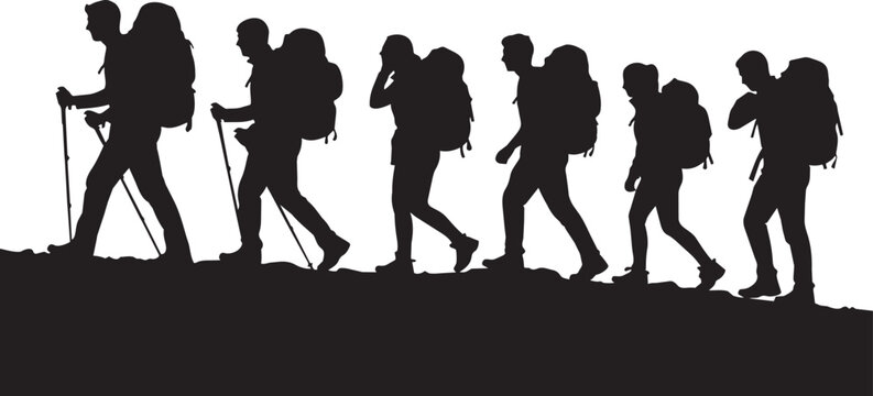 Hiking group, backpacker silhouettes, trekking team, outdoor adventure icons
