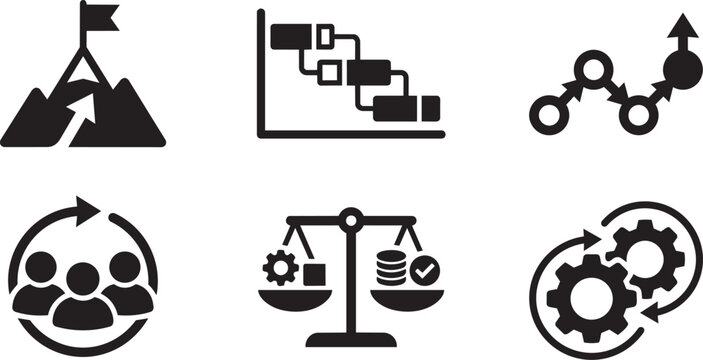 Project Management and Business Strategy Icon Set. Gantt Chart, Team Workflow, Milestone Goal, and Balance Scale Glyphs.