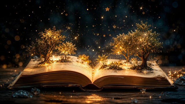 Magical scene of glowing trees growing out of an open book in a dark mystical environment with sparkling stars and lights floating around teachers day