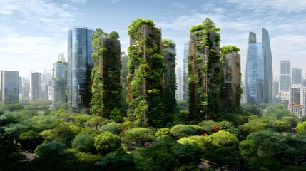 Obraz premium forest skyscrapers rising above a smart city, sustainable architecture, lush greenery and modern urban design