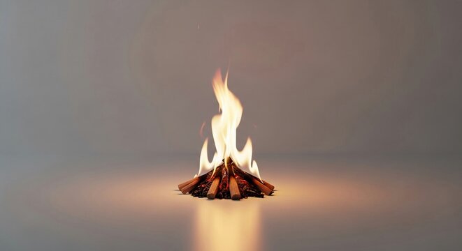 A small bonfire with flickering flames and glowing embers on a reflective surface.