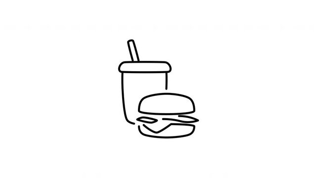 Minimalist outline animation of fast food combo burger meal and soda drink cup icon drawing on and fading out. Features a clean pop up style in 3 color setups.