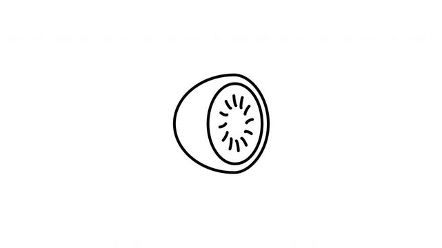 Minimalist outline animation of fresh cut slice kiwi exotic fruit icon drawing on and fading out. Features a clean pop up style in 3 color setups.