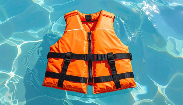 Bright Orange Life Vest Floating on Clear Blue Water Surface.