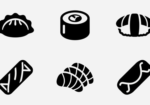 Asian Food Icons: Dumpling, Sushi, Gyoza, Spring Roll, Sashimi, Egg Roll