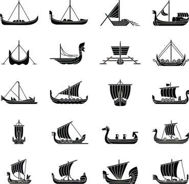 Minimalist black Viking longship and ancient sailing vessel icons set isolated on white background