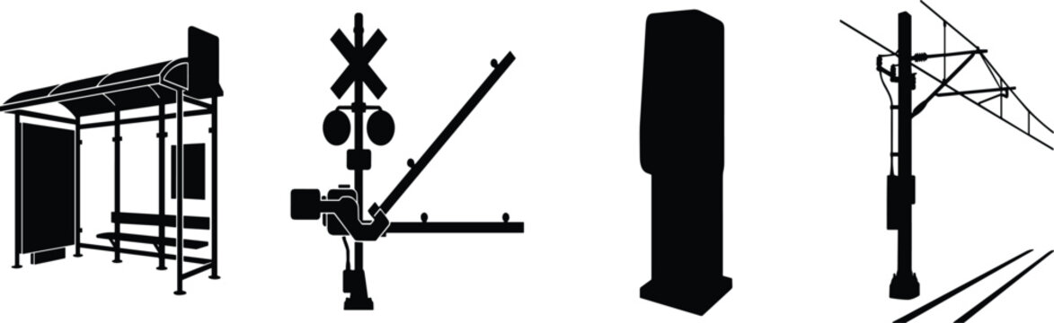 Railway and public transit infrastructure icons featuring bus shelter level crossing signal ticket kiosk and catenary lines