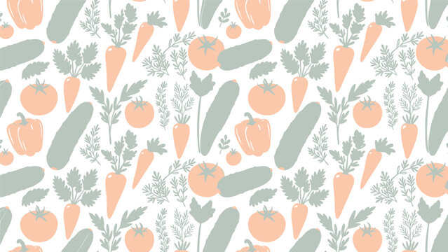 Seamless pattern of fresh garden vegetables. Includes carrots, tomatoes, cucumbers, and peppers. Great for healthy food or kitchen design