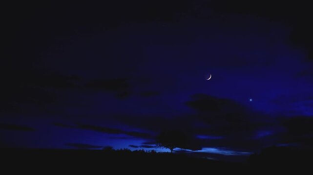 Crescent Moon, planet conjunction and landscape scenery silhouettes. Real-time twinkling stars.	
