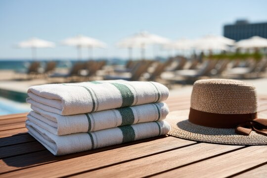 Stacked folded towels and straw hat on wooden table by pool, beach