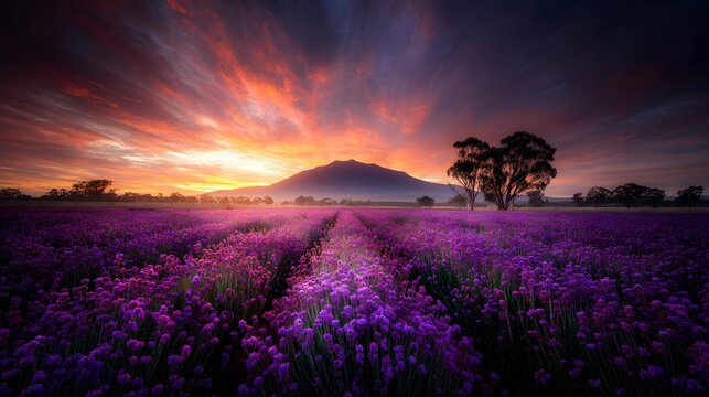 fields stretching toward distant mountains, colorful sky, peaceful countryside and cinematic perspective