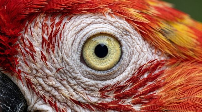Creative Vibrant parrot eye, colorful bird gaze, red orange feathers, wildlife close-up, exotic animal 2k