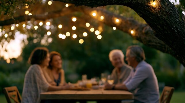Cozy family dinner in the backyard garden under warm glowing string lights bokeh background