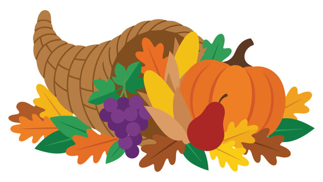 Cornucopia horn of plenty with autumn harvest vegetables fruits and colorful fall leaves