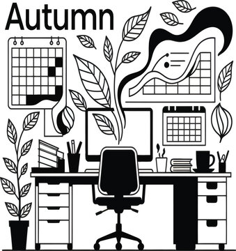 Minimalist black and white line art illustration of a modern autumn workspace with office desk and computer