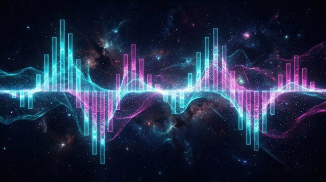 Cosmic Soundwave: An abstract visualization of a sound wave, glowing with vibrant cyan and magenta hues, pulses against a backdrop of stars and nebulae.