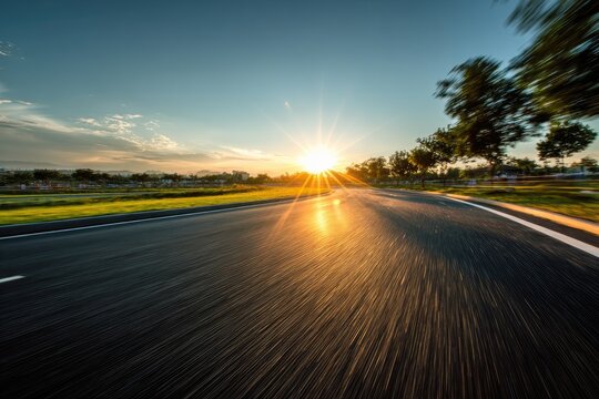 Open road stretching toward a radiant sunset with trees blurred by motion