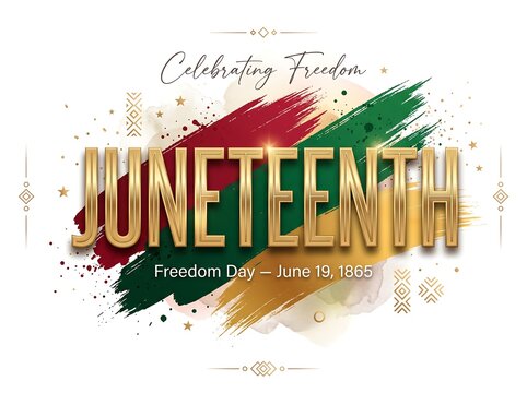 Juneteenth freedom day gold lettering on red green yellow brush strokes with juneteenth typography celebration emancipation american graphics