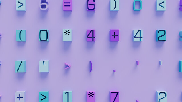 Three-Dimensional Geometric Shapes in Varied Colors Arranged on a Rich Purple Background for Educational Graphics and Online Learning Resources