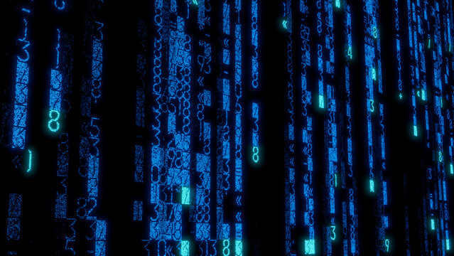 Close-Up of Bright Blue and Green Numbers and Symbols in Grid Formation on Black Background, Ideal for Technology, Data Visualization, and Digital Design Applications
