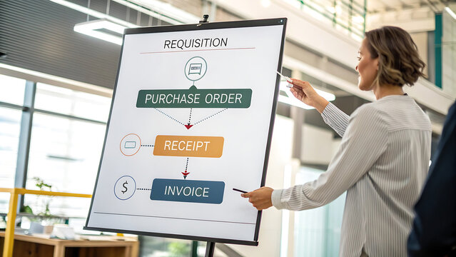Woman presenting business process flowchart on whiteboard in office