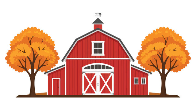 Red wooden barn house building with orange autumn trees on a countryside farm landscape