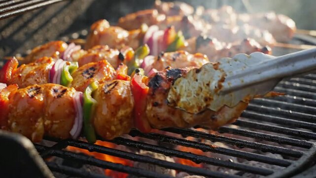 Grilling Delicious Meat Skewers Over Open Flame on Outdoor BBQ Grill
